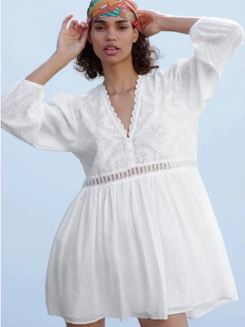 Zara White Swiss Dot Long-Sleeve Embroidered Boho Mini Dress Intricate Lace